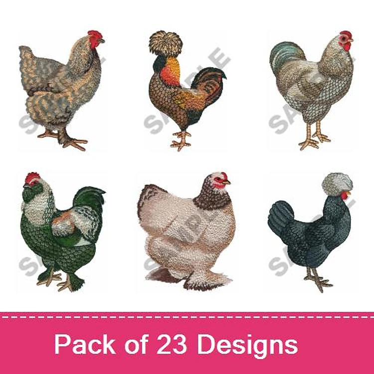 Farm Animal Embroidery Bundle – Speckled Hen, Cochin Rooster, Silkie Hen & More (23 Designs)