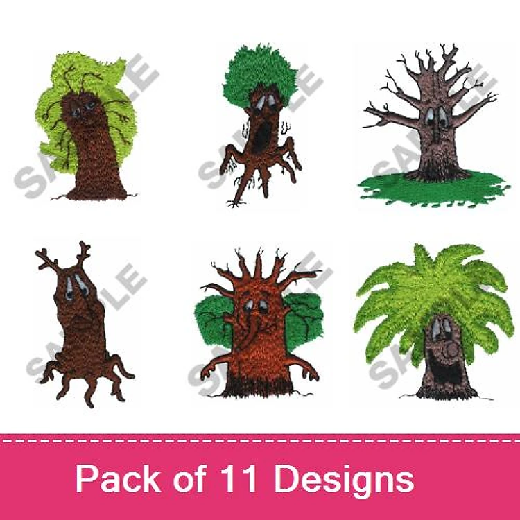 Tree Characters Embroidery Designs Bundle – Green Tree with Face, Brown Tree with Face, Tall Green Tree & More (11 Designs)