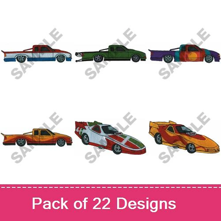 Race Car Embroidery Designs Bundle – Red Race Car, Green Pickup, Blue Race Car & More (22 Designs)