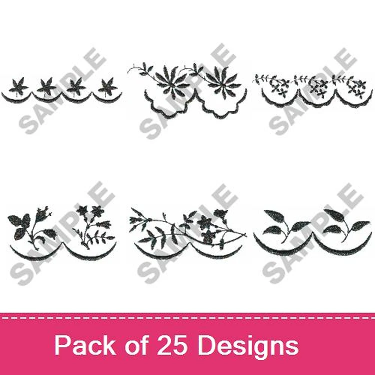 Redwork Floral Borders Embroidery Designs Bundle – Floral Border with Leaves, Leafy Flourish Border & More (25 Designs)