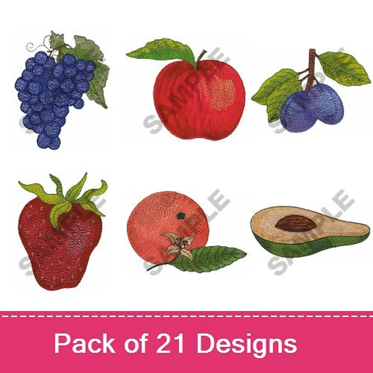 Fruits Embroidery Designs Bundle – Grapes, Red Apple, Plum, Strawberry & More (21 Designs)