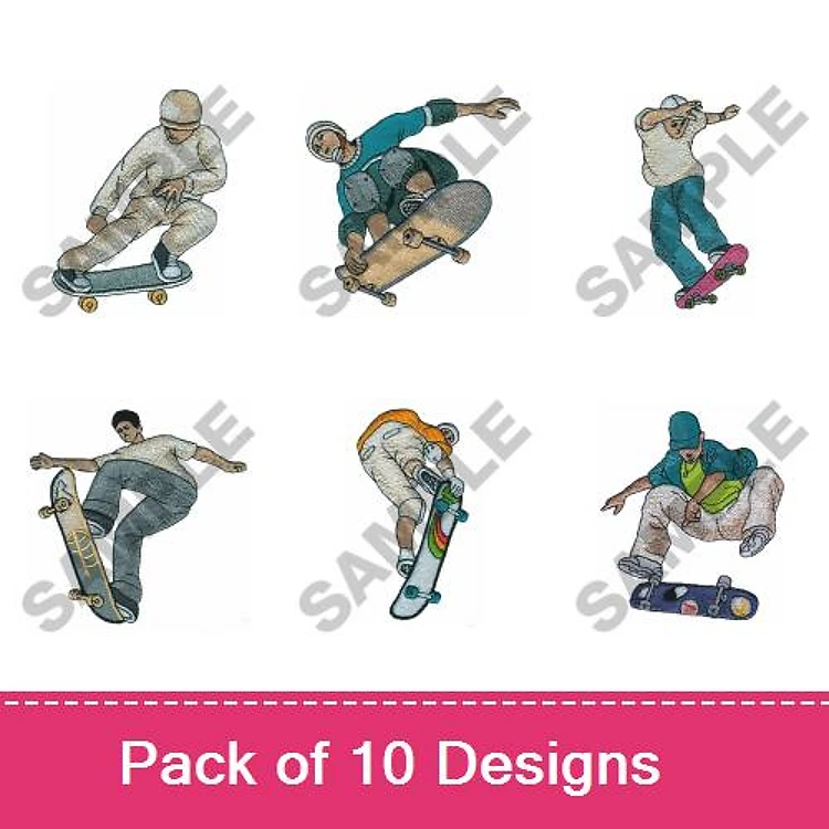 Skateboarding Embroidery Designs Bundle – Skateboarder Performing Trick, Ollie, in White Outfit & More (10 Designs)