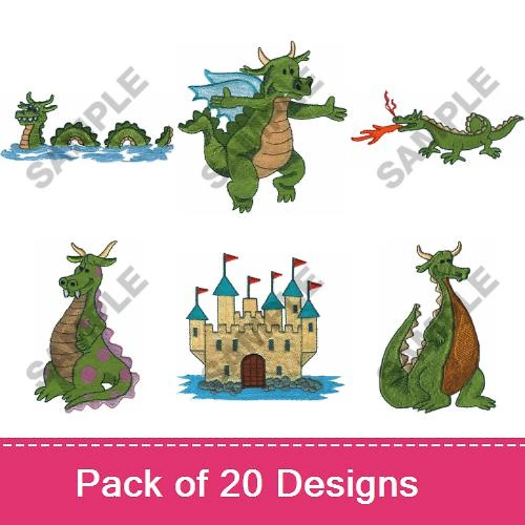 Dragons & Castle Embroidery Designs Bundle – Sea Serpent Dragon, Fire-Breathing Dragon, Castle with Flags & More (20 Designs)