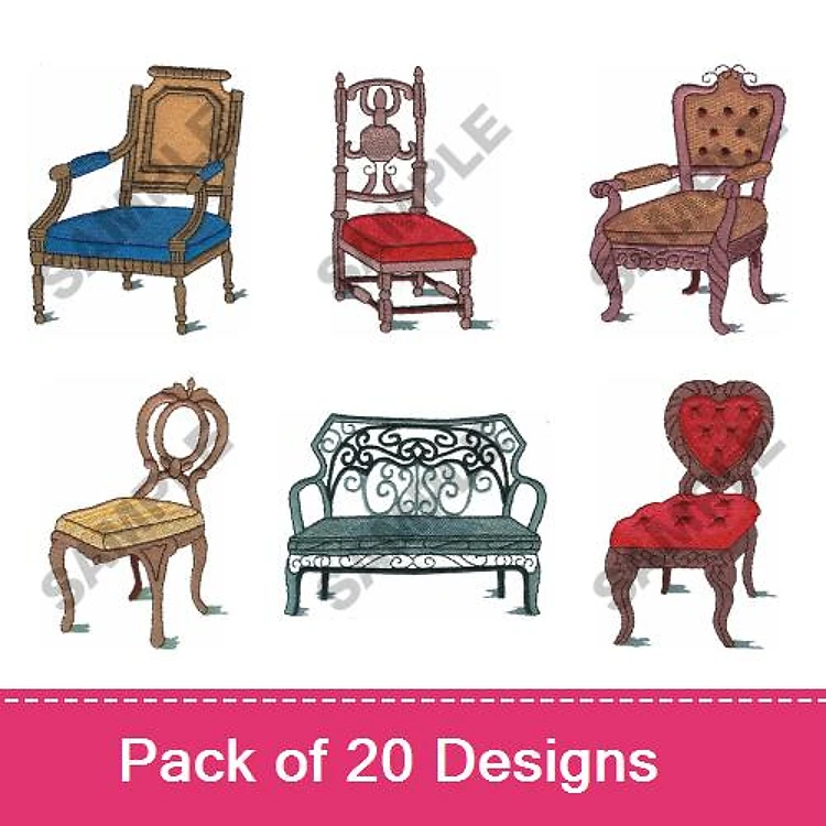 Chairs Embroidery Designs Bundle – Ornate Armchair, Red Velvet Chair, Luxury High-Back Chair & More (20 Designs)