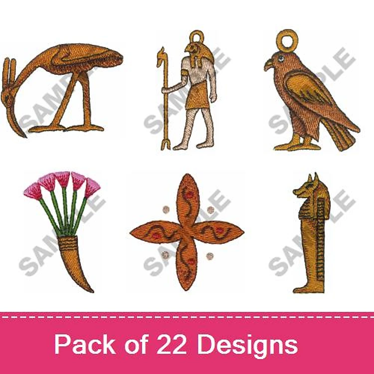 Egyptian-themed Embroidery Designs Bundle – Crane, Pharaoh, Falcon & More (22 Designs)