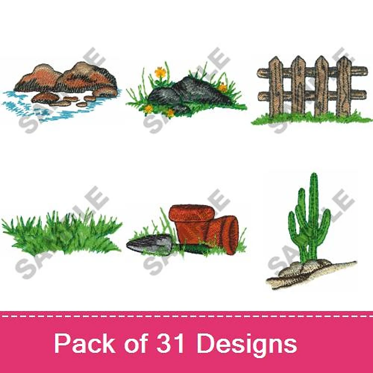 Nature Scenery Elements Embroidery Designs Bundle – Rock with Water, Wooden Fence, Cactus & More (31 Designs)