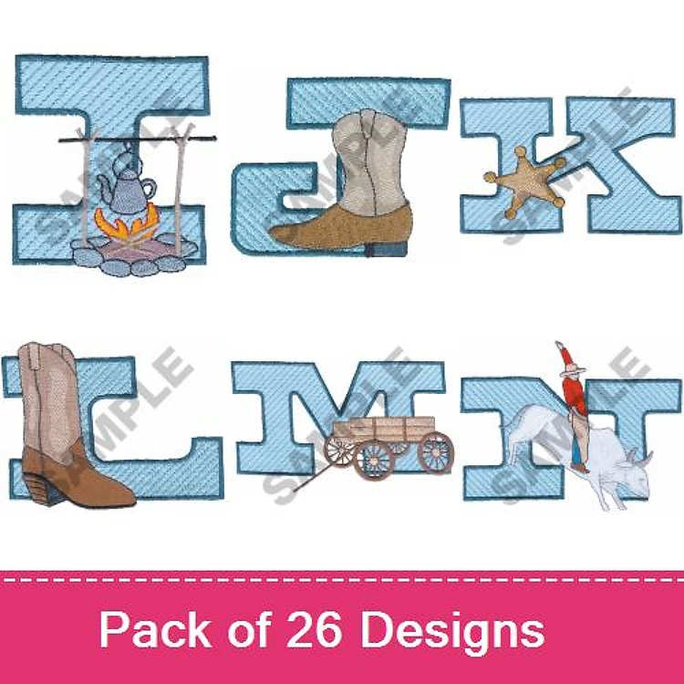 Western Letter Embroidery Designs Bundle – Letter I with Campfire, Letter J with Cowboy Boot, & More (26 Designs)