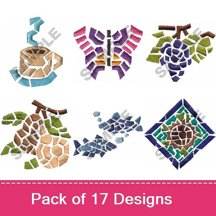 Mosaic Patterns Embroidery Designs Bundle – Butterfly, Grapes, Flower Pot & More (17 Designs)