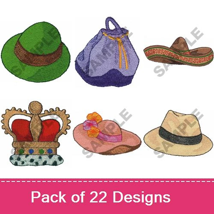 Hats Embroidery Bundle – Green Hat, Crown with Flowers, Straw Hat & More (22 Designs)