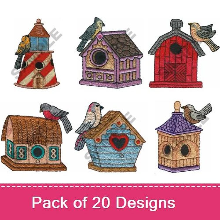 Birdhouse Embroidery Designs Bundle – Lighthouse, Striped, Red Barn & More (20 Designs)