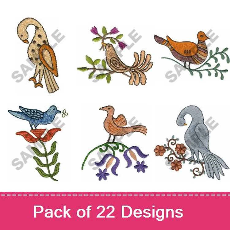 Birds & Floral Elements Embroidery Designs Bundle – Decorative Birds, Blue Bird with Flower, & More (22 Designs)