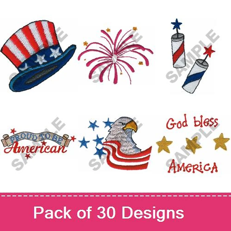 Patriotic Symbols Embroidery Designs Bundle – Independence Day Hat, Firework Explosion, Eagle with Flag & More (30 Designs)