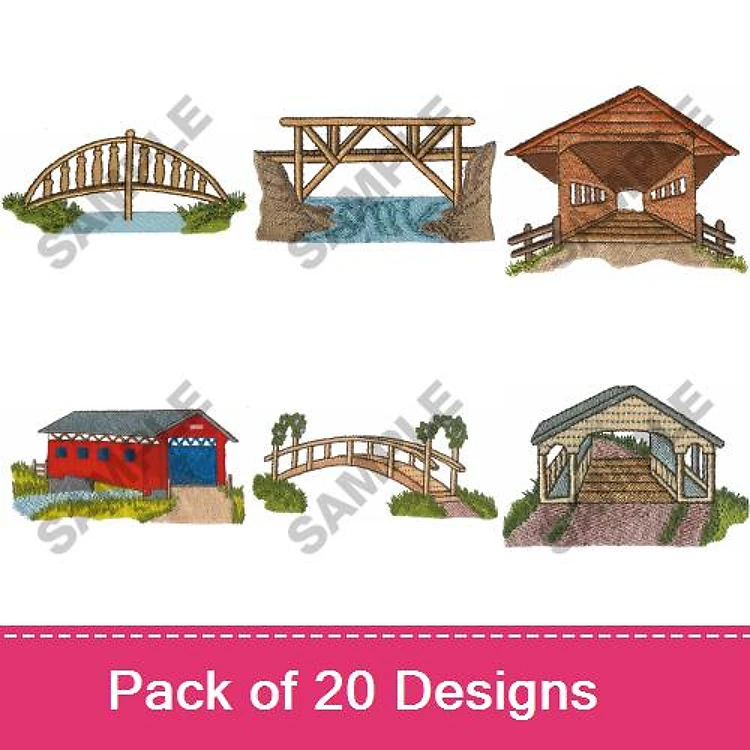 Bridges and Structures Embroidery Designs Bundle – Wooden Footbridge, Truss Bridge, Covered Bridge & More (20 Designs)