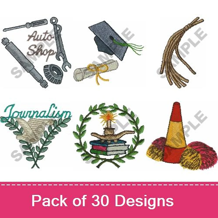 Career & Education Embroidery Designs Bundle – Auto Shop Tools, Graduation Cap, Diploma with Ribbon & More (30 Designs)