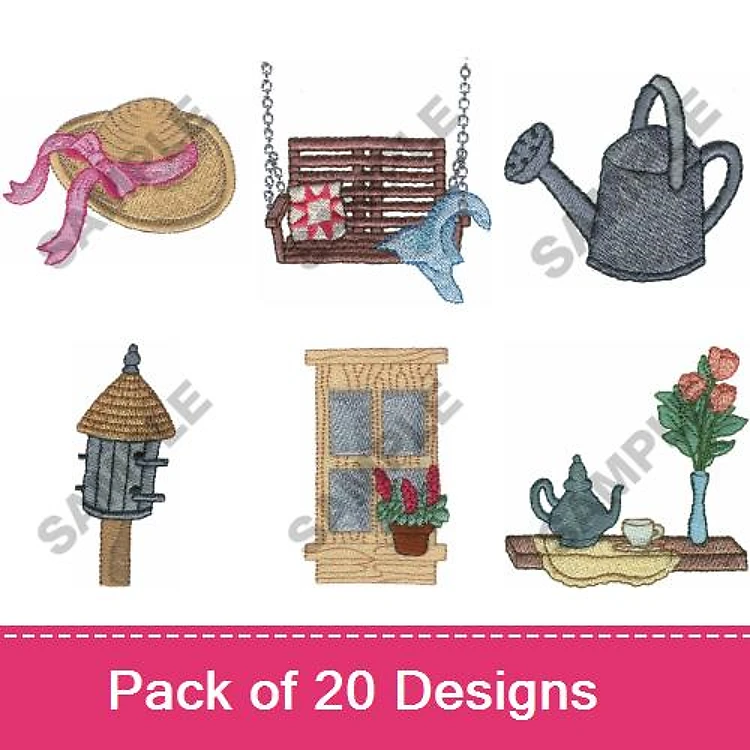 Garden and Outdoor Decor Embroidery Designs Bundle – Sun Hat, Watering Can, Birdhouse & More (20 Designs)