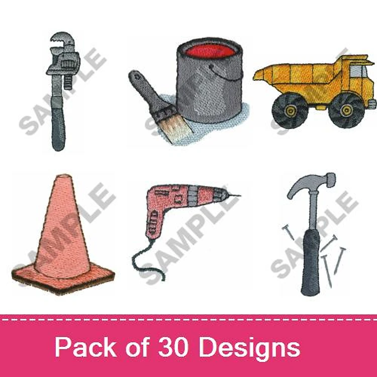 Construction and Tools Embroidery Designs Bundle – Wrench, Paint Can, Dump Truck & More (30 Designs)