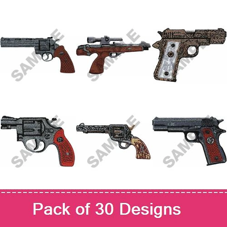 Handgun Embroidery Designs Bundle – Revolver, Pistol with Wood Grip, Semi-Automatic Pistol & More (30 Designs)
