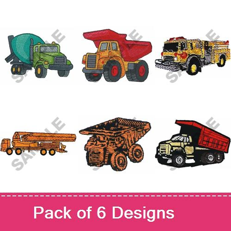 Construction Vehicles Embroidery Bundle – Concrete Mixer Truck, Dump Truck, Fire Engine & More (6 Designs)