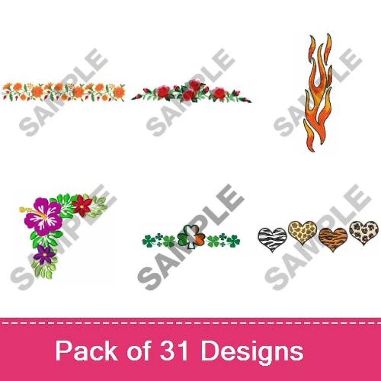 Floral and Decorative Elements Embroidery Designs Bundle – Floral Border with Flowers, Rose Floral Border, Flame Design & More (31 Designs)