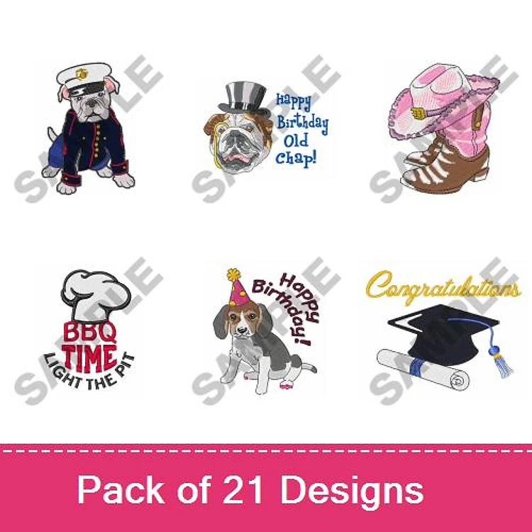 Celebration with Bulldogs Embroidery Designs Bundle – Captain Bulldog, Happy Birthday Bulldog, BBQ Time Bulldog & More (21 Designs)