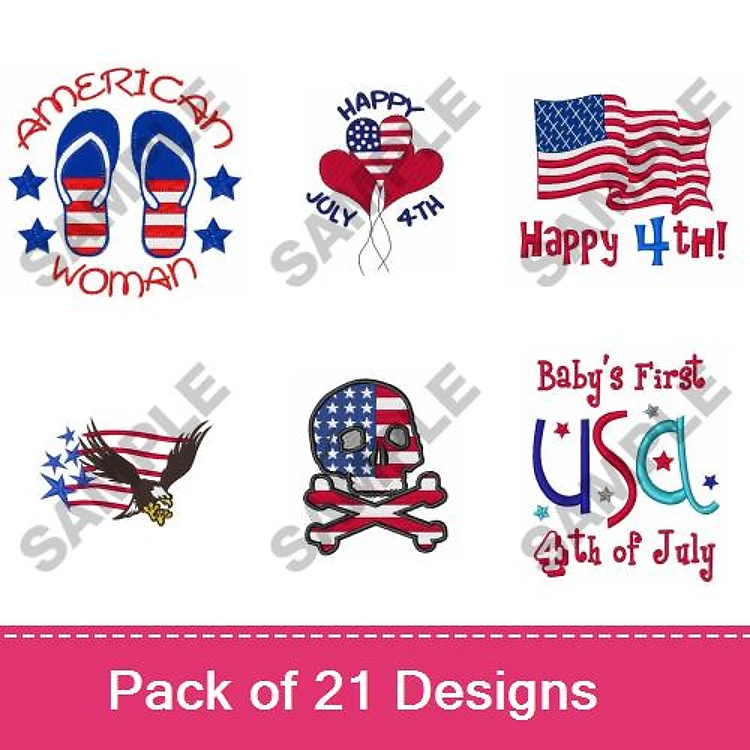 Fourth of July Embroidery Designs Bundle – American Woman, Happy 4th with Flag, Flip Flops & More (21 Designs)