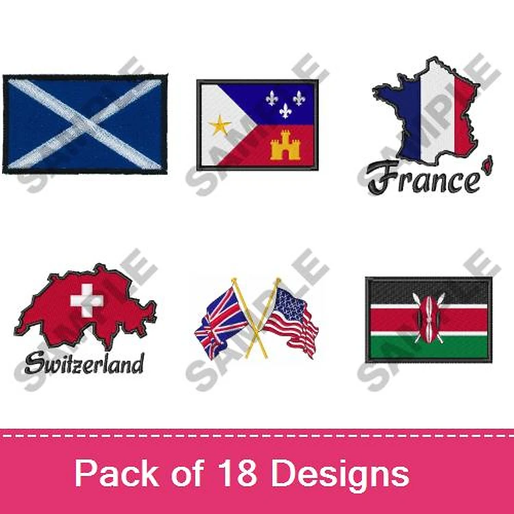 National Flags Embroidery Designs Bundle – Scottish, French Map, Philippines, Swiss & More (18 Designs)