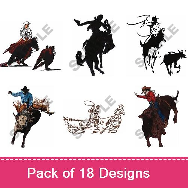 Rodeo Cowboy Embroidery Designs Bundle – Riding Cowboy, Cowboy with Lasso, Rodeo Contestant & More (18 Designs)