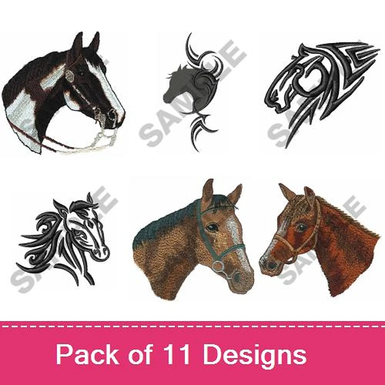 Horse Portraits Embroidery Designs Bundle – Horse Head with Bridle, Galloping Horse, Realistic Horse & More (11 Designs)