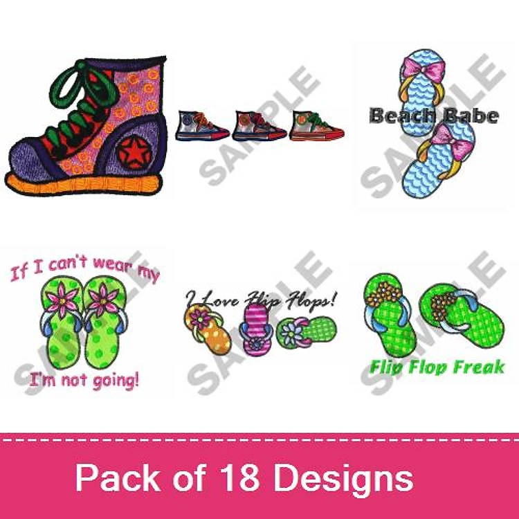 Footwear & Flip Flop Embroidery Designs Bundle – Sneaker Design, Beach Babe, Flip Flop Freak & More (18 Designs)