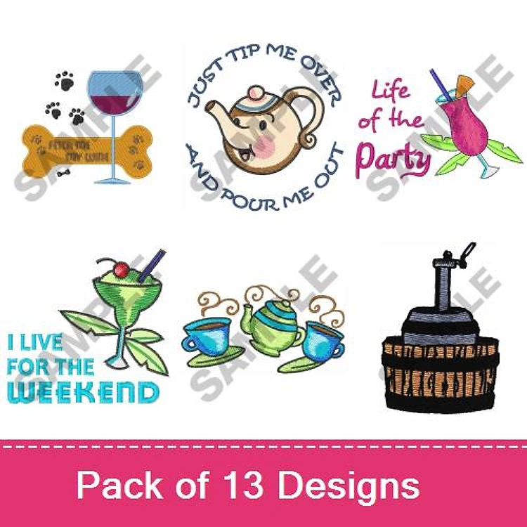 Party & Beverage Embroidery Designs Bundle – Wine Glass with Dog, Teapot with Face, Eggplant & More (13 Designs)