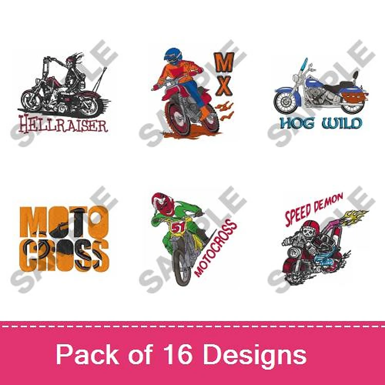 Motorcycle & Motocross Embroidery Designs Bundle – Hellraiser, MX Rider, Hog Wild & More (16 Designs)