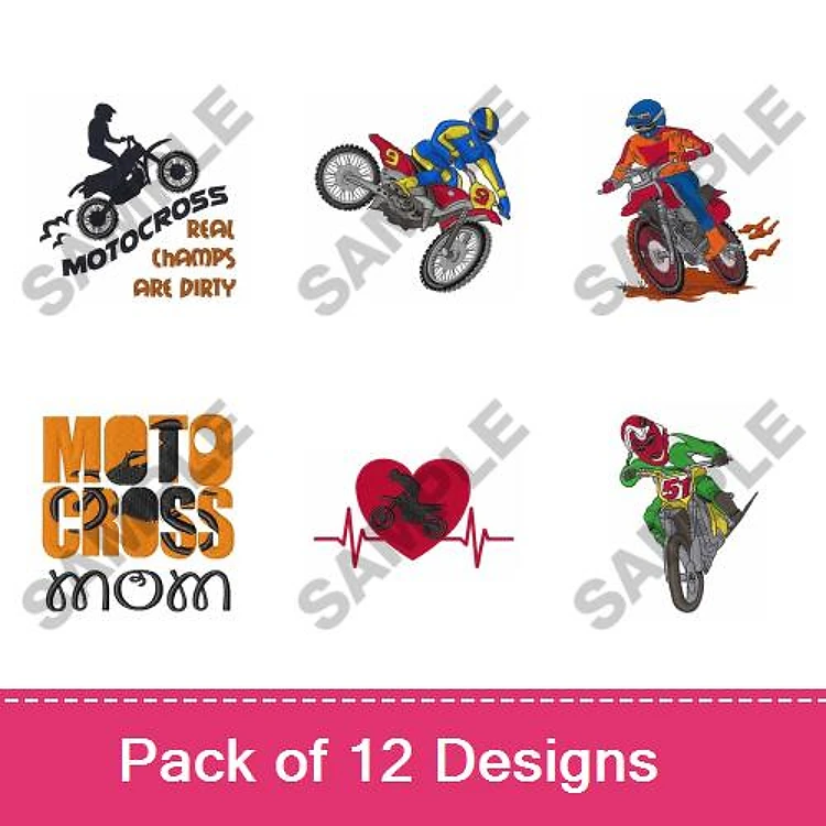 Motocross Theme Embroidery Bundle – Motocross Bike Rider, Motocross Red Rider, Logo & More (12 Designs)
