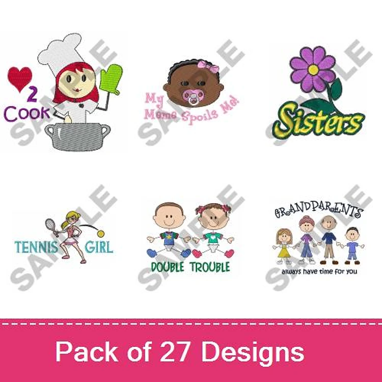Family and Activity Embroidery Designs Bundle – Chef with Heart, Sisters, Grandparents, Tennis Girl & More (27 Designs)