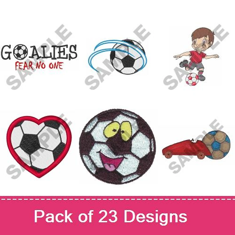 Soccer-themed Embroidery Bundle – Goalies Fear No One, Boy Kicking Soccer Ball, Smiling Soccer Ball & More (23 Designs)