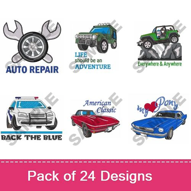 Cars and Auto Themes Embroidery Designs Bundle – Auto Repair, American Classic, Police Car & More (24 Designs)