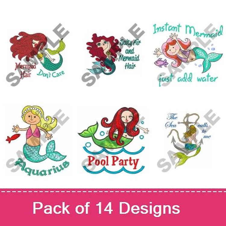 Mermaid Themes Embroidery Designs Bundle – Mermaid Don't Care, Sunshine and Mermaid Hair, Instant Mermaid & More (14 Designs)