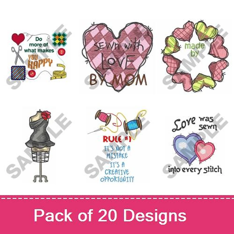 Sewing Quotes Embroidery Bundle – Sewing Makes Me Happy, Made with Love, Creative Opportunity Rule & More (20 Designs)