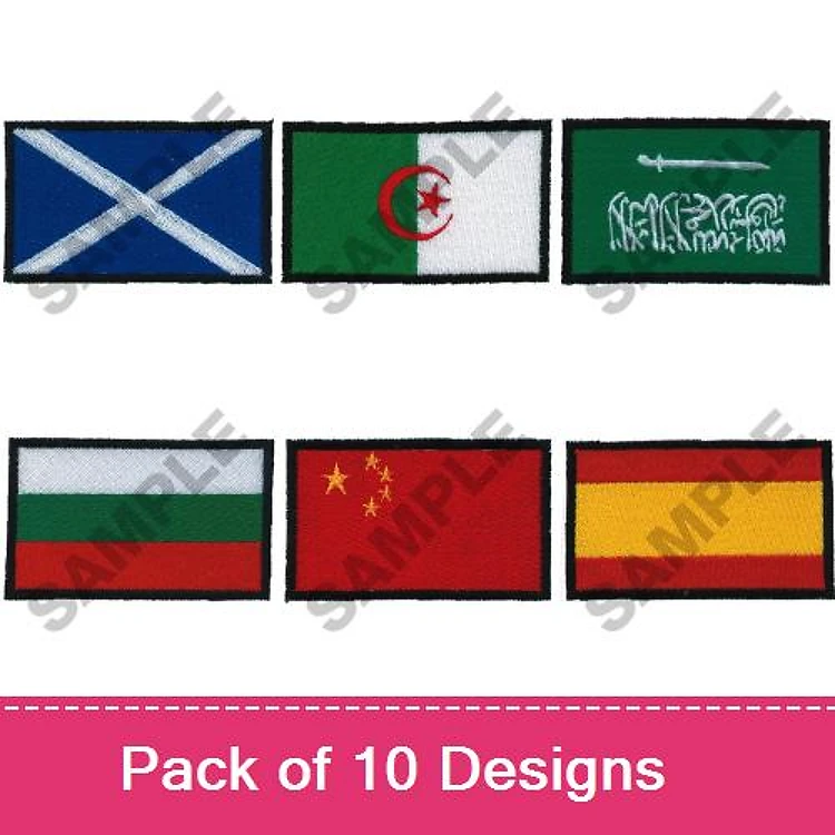 Country Flags Embroidery Designs Bundle – Scottish, Algerian, Saudi Arabian, Bulgarian & More (10 Designs)