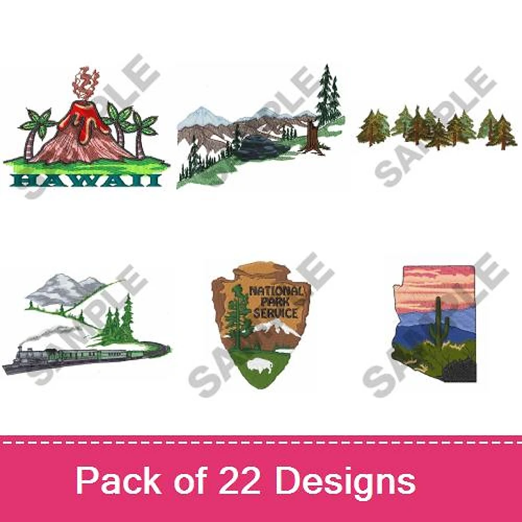 Nature & Travel Embroidery Designs Bundle – Hawaii Volcano, Mountain Landscape, National Park Service Shield & More (22 Designs)