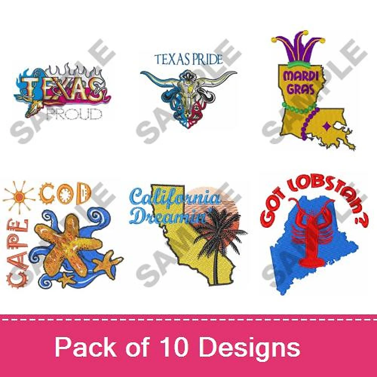 U.S. State Themes Embroidery Bundle – Texas Proud, Mardi Gras, California Dreamin' & More (10 Designs)