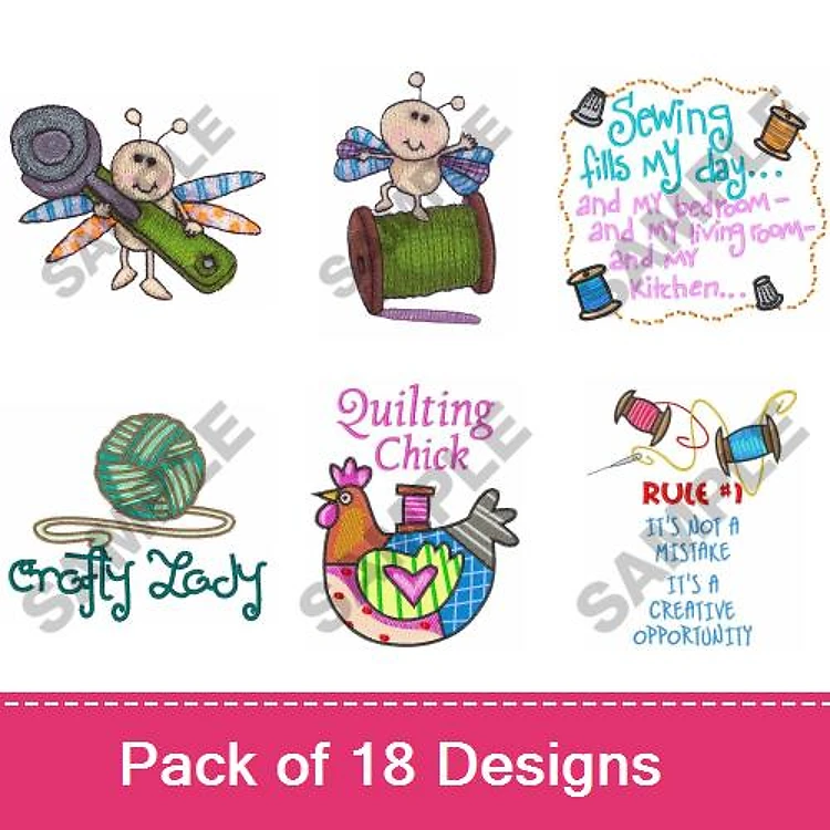 Sewing & Quilting Embroidery Designs Bundle – Sewing Bug, Quilting Chick, Crafty Lady & More (18 Designs)