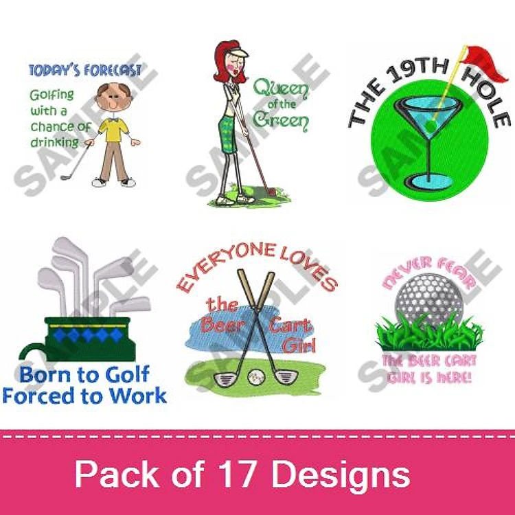 Golf-Themed Embroidery Designs Bundle – Today's Forecast, Queen of the Green, The 19th Hole & More (17 Designs)