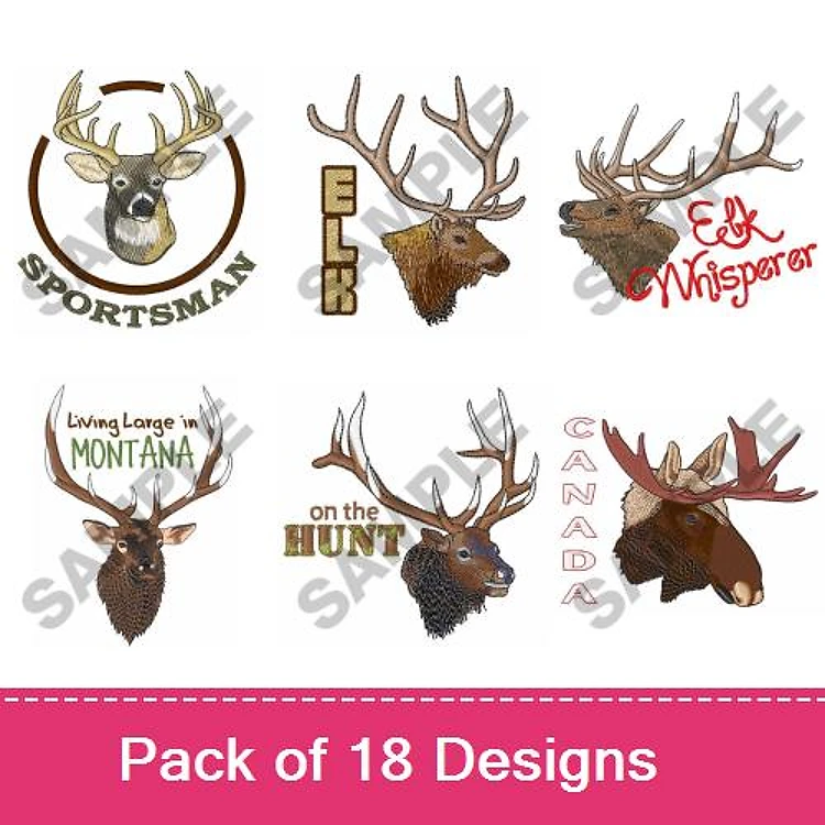 Hunting and Wildlife Embroidery Bundle – Sportsman Elk Head, Elk Whisperer, Living Large in Montana & More (18 Designs)