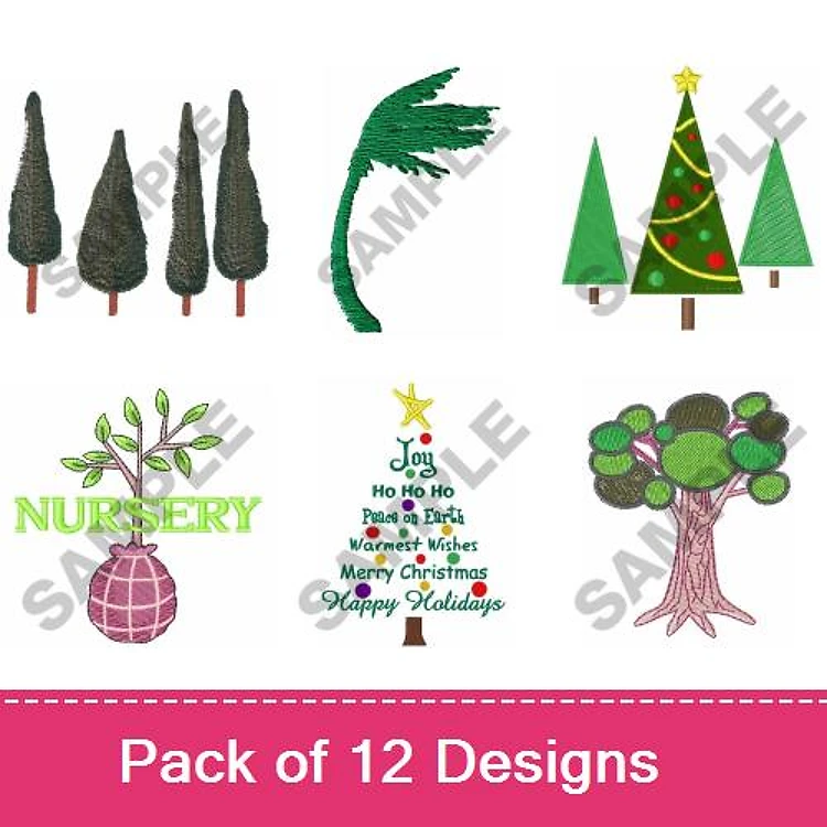 Christmas Trees & Nursery Plants Embroidery Designs Bundle – Pine Trees, Joyful Christmas Tree, & More (12 Designs)