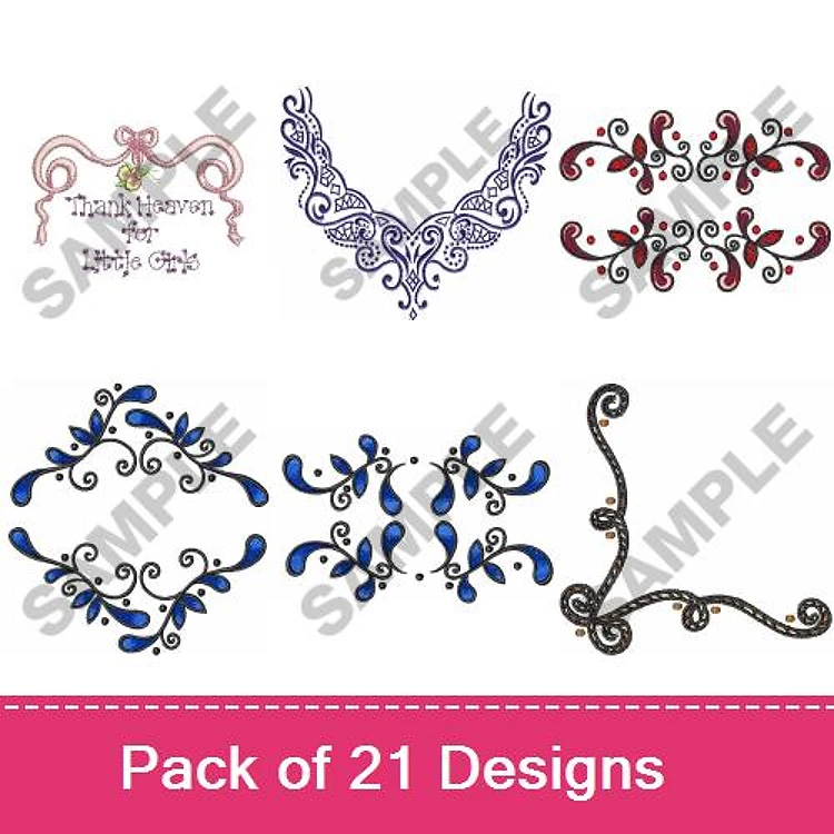Ornamental Embellishments Embroidery Designs Bundle – Swirled Frame with Flowers, Decorative Neckline Border, Floral Swirl & More (21 Designs)