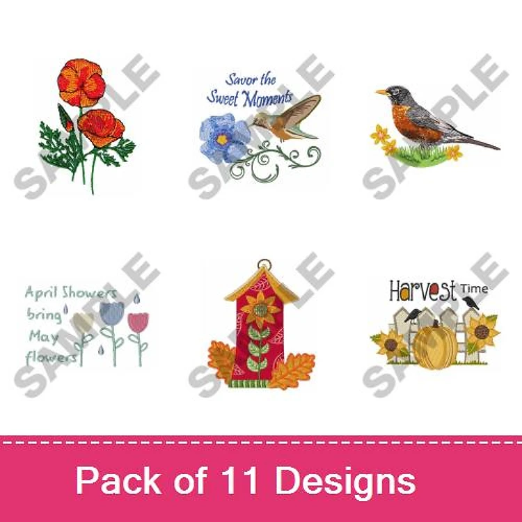 Spring & Harvest Embroidery Designs Bundle – Poppy Flower Bouquet, American Robin, Sweet Memories with Bird & More (11 Designs)