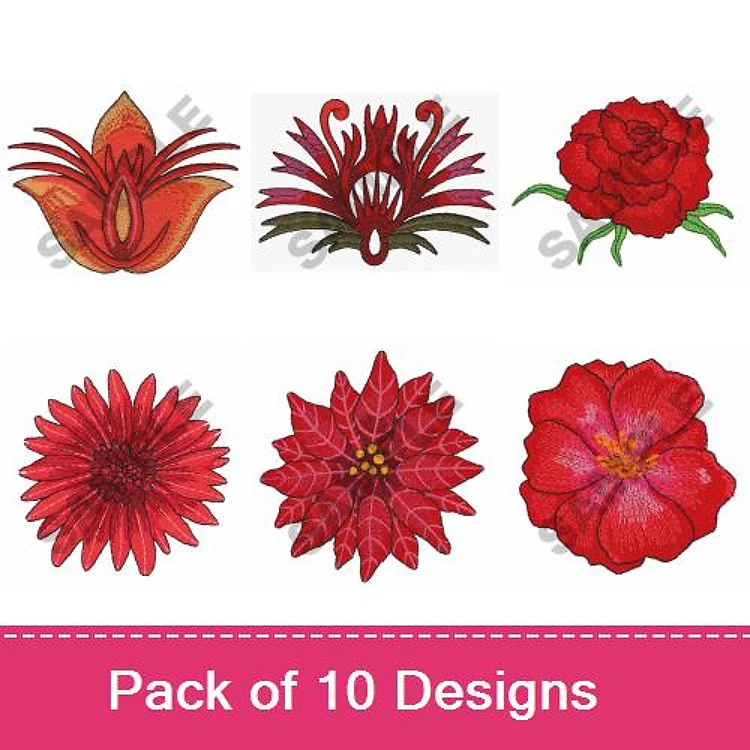 Red Floral Embroidery Designs Bundle – Red Flower 1, Rose, Poinsettia & More (10 Designs)