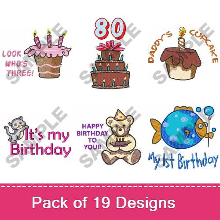 Birthday Celebration Embroidery Designs Bundle – Birthday Cake with Candles, Teddy Bear with Birthday Message, Cupcake with Candle & More (19 Designs)