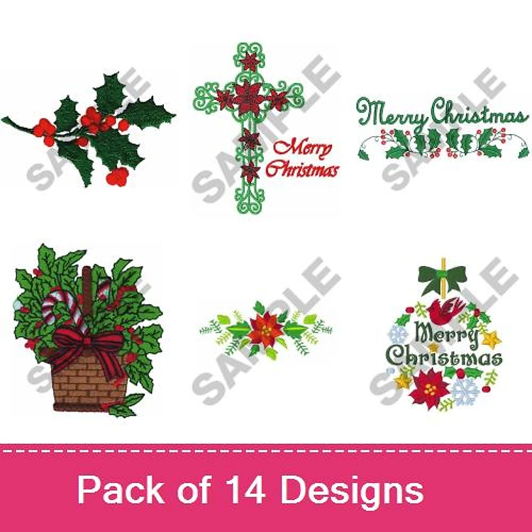 Christmas Themed Embroidery Designs Bundle – Holly Arrangement, Christmas Cross, Merry Christmas Wreath & More (14 Designs)