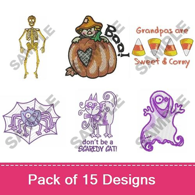 Halloween Characters Embroidery Designs Bundle – Skeleton, Pumpkin with Witch Hat, Cat & More (15 Designs)